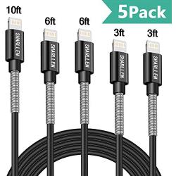 SHARLLEN MFi Certified Lightning Cable Spring iPhone Charger Cable 5 Pack [3/6/10FT] USB Fast Charging & Data Sync Cord Long Charging Cable Compatible iPhone Xs/MAX/XR/X/8/8P/7/7P/6/iPad/iPod(Black)