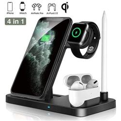 Wireless Charger Dock 4 in 1 Fast Charging Station, iKALULA Nightstand QI Quick Charger, Foldable Adjustable Stand for iPhone SE/11/11 Pro Max/XR/XS Max, iWatch 5/4/3/2/1 Airpods Pro/2/1 Apple Pencil