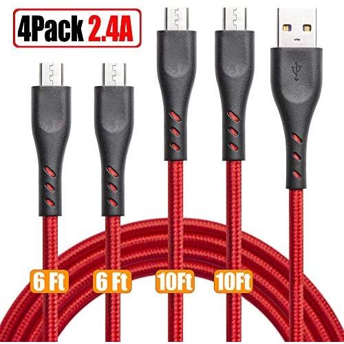 Micro USB Cable Braided 10ft 10ft 6ft 6ft, Android Charging Cable Fast Phone Charger Cord with Extra Long Length Nylon Braided Compatible with PS4,Samsung Galaxy S7 Edge/S7/S6,Note 5 4,LG(4pack)