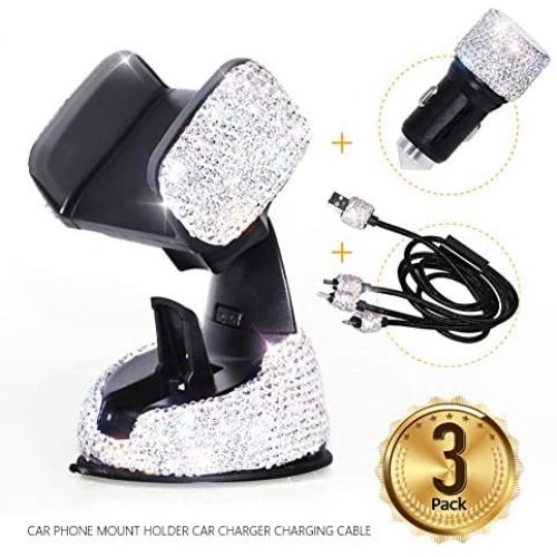 Bling Rhinestones Cell Phone Set of 3, included Bling Crystal Car Phone Mount, Bling Dual USB Car Charger, Bling Car Charger Charging Cable for Car Phone Decoration for Women Girls