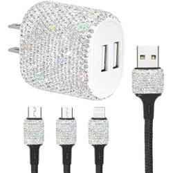 SAVORI Dual USB Wall Charger, Bling Rhinestones Wall Charger Plug Power Adapter with USB 3-in-1 Multi Charging Cable Compatible with iPhone iPad Android Type C Phones (White)