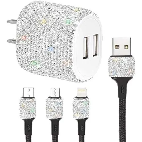 SAVORI Dual USB Wall Charger, Bling Rhinestones Wall Charger Plug Power Adapter with USB 3-in-1 Multi Charging Cable Compatible with iPhone iPad Android Type C Phones (White) SAVORI Dual USB Wall Charger, Bling Rhinestones Wall Charger Plug Power Adapter with USB 3-in-1 Multi Charging Cable Compatible with iPhone iPad Android Type C Phones (White)