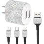 SAVORI Dual USB Wall Charger, Bling Rhinestones Wall Charger Plug Power Adapter with USB 3-in-1 Multi Charging Cable Compatible with iPhone iPad Android Type C Phones (White)