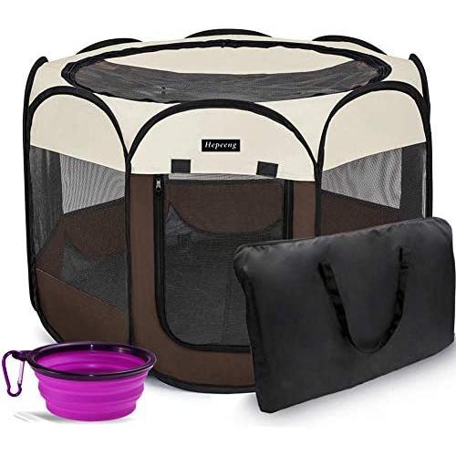 Hepeeng Portable Foldable Pet Playpen and Carrying Case Collapsible Travel Bowl Indoor/Outdoor Use with Water Resistant and Removable Shade Cover for Dog/Cat/Rabbit Suitable for Pets Under 26lb