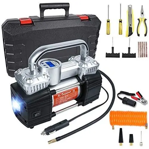 GSPSCN Digital Tire Inflator, Portable Toolbox 12V Air Compressor Pump Heavy Duty Dual Cylinders Car Pump,150Psi Auto Shut-Off with Tire Repair Kit for Auto,SUV,Truck etc