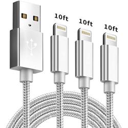 iPhone Charger Cable MFi Certified Lightning Cable 3Pack(10ft) Nylon Braided High Speed USB Charging Cord for iPhone 11 Pro Xs Max XR X 8 7 Plus 6S 6 SE 5S iPad & More-SilverGray