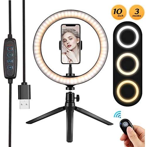 10" Ring Light, with Phone Holder Selfie Ring Light, 3 Lighting Modes and 10 Brightness Levels, for Live Streaming, YouTube, Makeup, Video Shooting, Vlog, Selfie (Remote Control for iPhone Android)