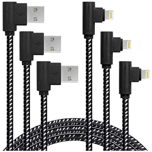 [3 Pack] Right Angle Charging Cable Nylon Braided 90 Degree Elbow for Game Video Watch Compatible with iPhone Xs Max/XS/XR/7/7Plus/X/8/8Plus/6S/6S Plus/SE (3ft, Black White)