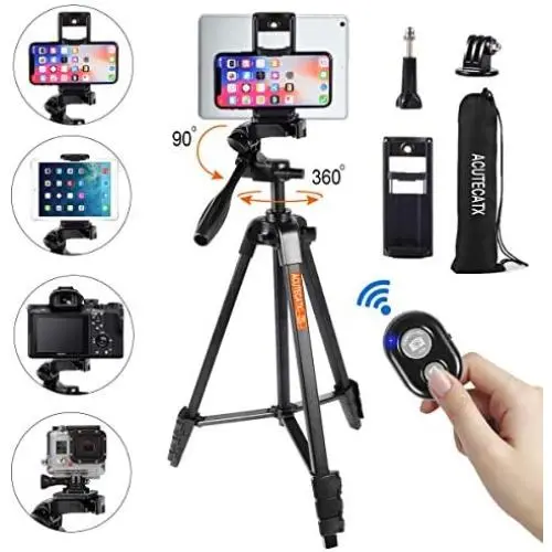 ACUTECATX 54-Inch Phone Tripod for iPhone Android Cell Phone iPad Camera Tripod Stand Mount with Wireless Remote + Universal Phone/Tablet Holder + Tripod Mount for Gopro and Carrying Bag(Black)