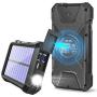 Solar Charger, 20000mAh Solar Power Bank, Qi Wireless Charger for Cell Phone, Portable Charger for Camping, Outdoor, External Battery Pack Flashlight, Compass, Solar Panel Charging by LEO WAY, Black