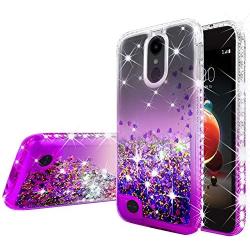 LG Rebel 4 Case,LG Aristo 3 Case,LG Zone 4/LG Phoenix 4/LG Risio 3/Aristo 2 Plus Case w[Temper Glass] Cute Liquid Glitter Phone Case Cover Shock Proof Bling Diamond for Girls Women - Clear/Purple