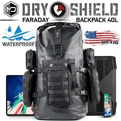 Mission Darkness Dry Shield Faraday Backpack 40L // Waterproof Tactical Backpack w/MOLLE Webbing & Packs // Signal Blocking, Anti-Tracking, EMP Shield, Data Privacy for Mobile Devices, Laptops, etc. Mission Darkness Dry Shield Faraday Backpack 40L // Waterproof Tactical Backpack w/MOLLE Webbing & Packs // Signal Blocking, Anti-Tracking, EMP Shield, Data Privacy for Mobile Devices, Laptops, etc.