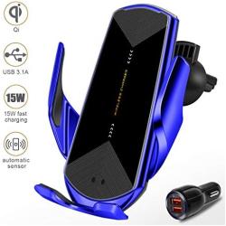 Wireless Car Charger 15W Fast Charging Touch Sensing Auto-Clamping Car Wireless Charger Air Vent Clip Car Phone Mount for iPhone SE/11/11 Pro Series/X/XR/8, Samsung Galaxy S20 S10 Note10/9 (Q1-Blue)