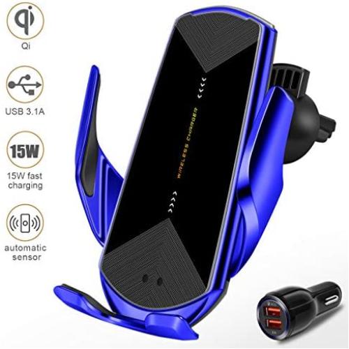 Wireless Car Charger 15W Fast Charging Touch Sensing Auto-Clamping Car Wireless Charger Air Vent Clip Car Phone Mount for iPhone SE/11/11 Pro Series/X/XR/8, Samsung Galaxy S20 S10 Note10/9 (Q1-Blue)