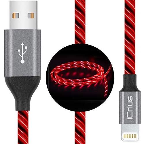 iPhone Charger Cable, iCrius [MFi Certified] 6ft LED Light Up Visible Flowing Lightning Charger Charging Cord Compatible iPhone11 Plus/XS/XR/X /8 Plus / 8/7 Plus / 7, iPod Touch More-Red