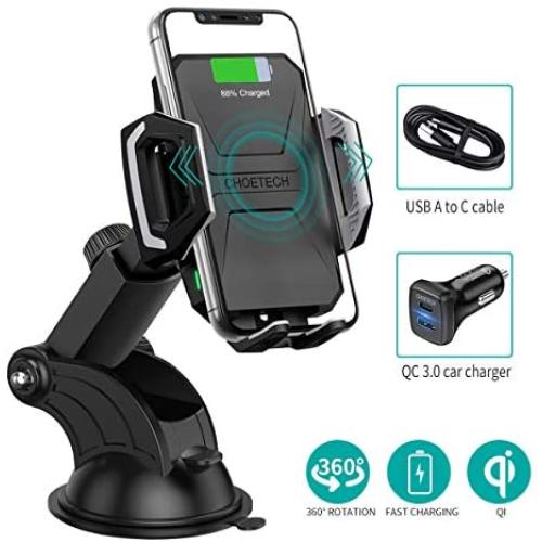 CHOETECH Wireless Car Charger, 10W Max Qi Wireless Fast Charger Car Mount USB-C Phone Holder with 36W Dual Car Charger Compatible iPhone SE, iPhone 11/Pro/Max/XS/Max, Galaxy S20/S20+/Note 10/S10