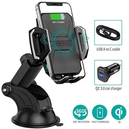 CHOETECH Wireless Car Charger, 10W Max Qi Wireless Fast Charger Car Mount USB-C Phone Holder with 36W Dual Car Charger Compatible iPhone SE, iPhone 11/Pro/Max/XS/Max, Galaxy S20/S20+/Note 10/S10