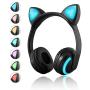 Luckyu Wireless Bluetooth Cat Ear Headphones with Mic 7 Colors LED Light Flashing Glowing On-Ear Stereo Headset Compatible with Smartphones PC Tablet