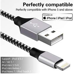 WUYA iPhone Charger, MFi Certified Lightning Cable 5 Pack (3/3/6/6/10FT) Nylon Woven with Metal Connector Compatible iPhone Xs Max/ X/8/7/Plus/6S/6/SE/5S iPad - Black&White