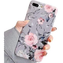 YeLoveHaw iPhone 8 Plus / 7 Plus Case for Girls, Flexible Soft Slim Fit Full-Around Protective Cute Phone Case Cover with Purple Floral and Gray Leaves Pattern for iPhone 7Plus / 8Plus (Pink Flowers)