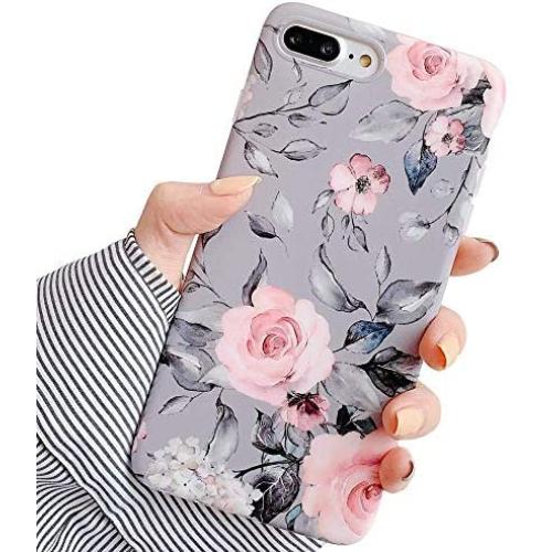 YeLoveHaw iPhone 8 Plus / 7 Plus Case for Girls, Flexible Soft Slim Fit Full-Around Protective Cute Phone Case Cover with Purple Floral and Gray Leaves Pattern for iPhone 7Plus / 8Plus (Pink Flowers)