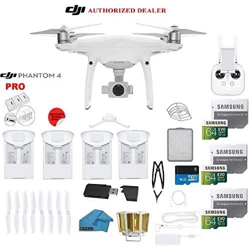 DJI Phantom 4 PRO Quadcopter Drone with 1-inch 20MP 4K Camera KIT + 4 Total DJI Batteries + 3 64GB Micro SDXC Cards + Card Reader 3.0 + Snap on Prop Guards + Range Extender + Charging Hub