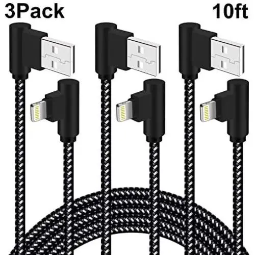 90 Degree Lightning Cable 10FT 3 Pack Right Angle iPhone Charger Cable Extra Long Nylon Braided iPhone Cord for iPhone/iPad (10 feet, Black White) 90 Degree Lightning Cable 10FT 3 Pack Right Angle iPhone Charger Cable Extra Long Nylon Braided iPhone Cord for iPhone/iPad (10 feet, Black White)