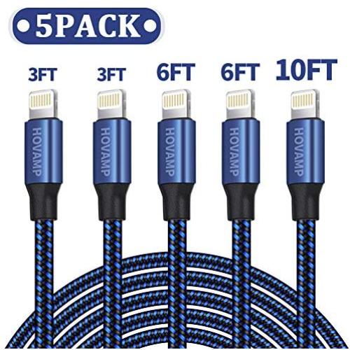 HOVAMP MFi Certified 5Pack[3-3-6-6-10 ft] Nylon Braided Cell-Phone Charging Cable USB Fast Charging & Syncing Long Cord,iPhone Charger Compatible iPhone XS/Max/XR/X/8/8P/7/7P/6/iPad/iPod