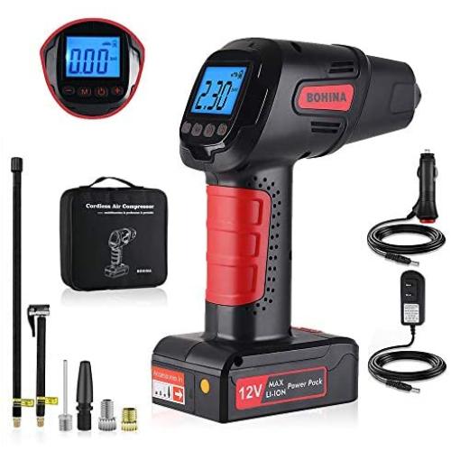 BOHINA Portable Air Compressor Pump Cordless Tire Inflator with Digital Display and LED Lights,Caution Light, Powerful Rechargeable Li-ion Battery Tire Inflator