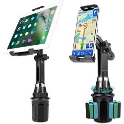 LUXMO Cup Holder Phone Mount & Tablet Holder for Car, 2-in-1 Car Cradles with Adjustable Neck Extended Cup Holder for Cell Phone iPhone, Samsung, Google & iPad Air/Mini, Galaxy Tab Under 12.9”Tablet.