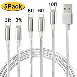 CUGUNU Nylon Braided Cable Compatible with iPhone Charger, 5 Pack[3/3/6/6/10FT] MFi Certified USB Lightning Cable Charging Cord for iPhone X/Max/11/8/7/6/6S/5/5S/SE/Plus/iPad - Silver