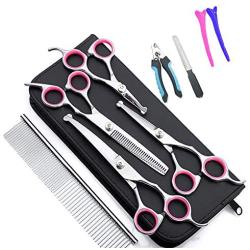 Dog Grooming Scissors kit, Pet Grooming Trimmer Set with Safety Round Blunt Tip-Thinning, Straight, Curved Shears tool with Comb, Nail Cliper and Nail File for Long Short Hair & Fur of Cat and Puppy