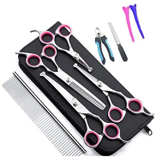 Dog Grooming Scissors kit, Pet Grooming Trimmer Set with Safety Round Blunt Tip-Thinning, Straight, Curved Shears tool with Comb, Nail Cliper and Nail File for Long Short Hair & Fur of Cat and Puppy