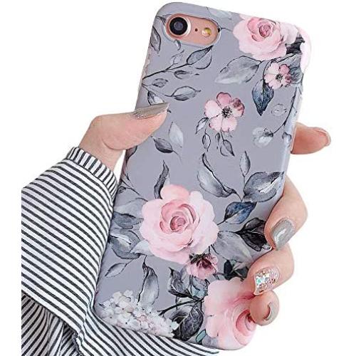 YeLoveHaw iPhone SE 2020 Case, iPhone 8 Case, iPhone 7 Case for Girls, Flexible Soft Slim Fit, Floral and Purple & Gray Leaves Pattern Cute Phone Case for iPhone8 / iPhone7 / iPhoneSE (Pink Flowers)
