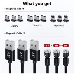 A.S 3 in 1 Magnetic Phone Charger Cable, 360° & 180° Rotation Magnetic Charging Cable, Compatible with Micro USB, Type C and iProduct (Black, 1.5ft+3ft+6ft)