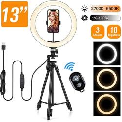 13" Selfie Ring Light with Tripod Stand and Cell Phone Holder for Makeup/YouTube/Tiktok, 10 Levels Brightness & 3 Modes 164 LED Bulbs Chip Ring Light with Remote Control, Compatible for iPhone/Android