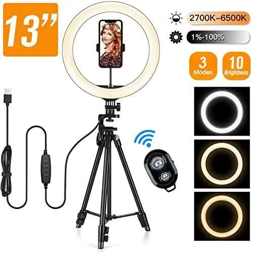 13" Selfie Ring Light with Tripod Stand and Cell Phone Holder for Makeup/YouTube/Tiktok, 10 Levels Brightness & 3 Modes 164 LED Bulbs Chip Ring Light with Remote Control, Compatible for iPhone/Android 13" Selfie Ring Light with Tripod Stand and Cell Phone Holder for Makeup/YouTube/Tiktok, 10 Levels Brightness & 3 Modes 164 LED Bulbs Chip Ring Light with Remote Control, Compatible for iPhone/Android