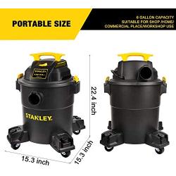 Stanley 6 Gallon Wet Dry Vacuum , 4 Peak HP Poly 3 in 1 Shop Vac Blower with Powerful Suction, Multifunctional Shop Vacuum W/ 4 Horsepower Motor for Job Site,Garage,Basement,Van,Workshop,Vehicle