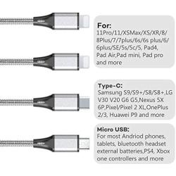 Multi Charging Cable, Multi USB Cable 3A 4FT USB Charging Cable Nylon Braided Universal 4in1 Multi Charger Cable Adapter Type-C/Micro USB Port,Compatible with Cell Phones and More(Silver,2Pack)