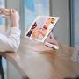 Adjustable Cell Phone Stand, Multi-Angle Tablet Stand Desk Cell Phone Holder with Anti-Slip Base and Convenient Charging Port Universal Aluminum Stand for All Smartphones and Tablets - Rose Gold