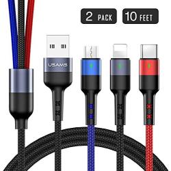 USAMS 2Pack Multi Charging Cable 10FT Nylon Braided USB C Cable 3 in 1 Car Phone Charger Cord with Micro USB/Type C for IP 11 Pro/9/XR/Max/X/8 Plus/Samsung S10 S9 /Note 9/ Moto G7/LG (10FT/3M)