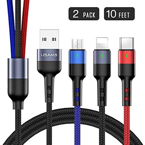 USAMS 2Pack Multi Charging Cable 10FT Nylon Braided USB C Cable 3 in 1 Car Phone Charger Cord with Micro USB/Type C for IP 11 Pro/9/XR/Max/X/8 Plus/Samsung S10 S9 /Note 9/ Moto G7/LG (10FT/3M)