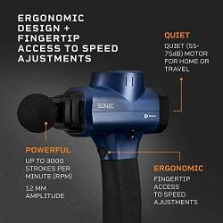 Sonic Handheld Percussion Massage Gun - Deep Tissue Massager for Sore Muscle and Stiffness - Quiet, 5 Speed High-Intensity Vibration - Quick Rechargeable Device - Includes 5 Massage Heads (Blue)