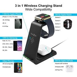 Quezqa Wireless Charging Stand – 3 in 1 Fast Wireless Charger – Qi Charging Station Dock Compatible with AirPods Pro Apple Watch Series 5 4 3 2 iPhone 11 Pro Max Xs X Xr 8(with QC 3.0 Adapter) (Black)