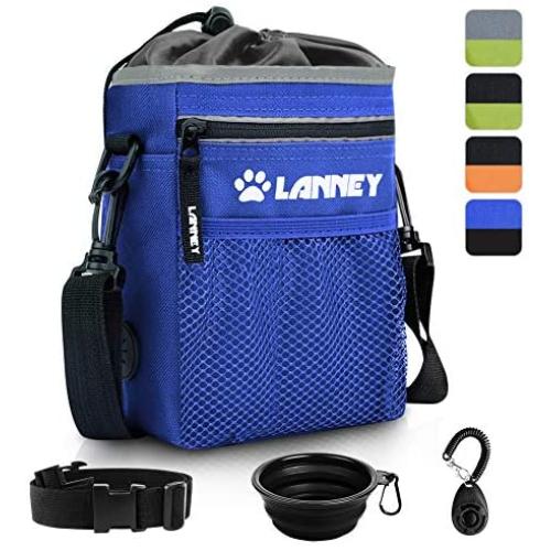 LANNEY Dog Treat Pouch Pet Training Bag for Small to Large Dogs, Treat Tote Carry Kibble Snacks Toys for Training Reward Walking, Metal Clip, Waist Belt, Shoulder Strap, Poop Bag Dispenser