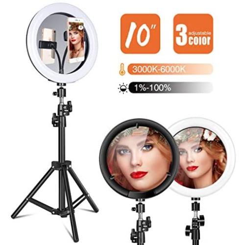 Villsure Selfie Ring Light, 10" LED Ring Light with Adjustable Tripod Stand, Double-Sided Cosmetic Mirror and Phone Holder for Selfie, Dimmable Makeup Ring Light for Live Streaming, YouTube Video