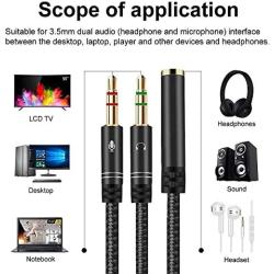 Headphone 3.5mm Splitter Mic Cable for Computer, KOOPAO Headset 3.5mm Female to 2 Dual Male Microphone Audio Stereo Jack Earphones Port to Gaming Speaker PC Adapter