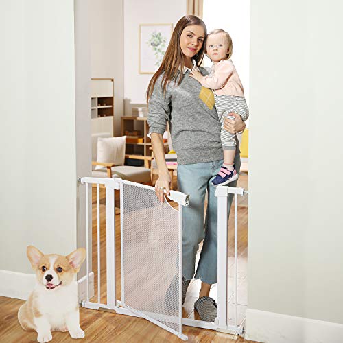 Heele 29.5"-40.5” Auto Close Safety Baby Gate,Durable Extra Wide Child Gate for Stairs Doorways, Metal Mesh Easy Walk Thru Dog Gate for House,Includes 4 Wall Cups,2.75-Inch and 5.5-Inch Extension