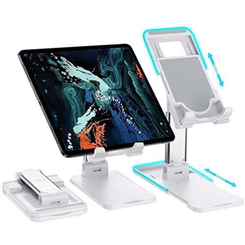 YDY Telescopic Folding Cell Phone Holder for Desk Adjustable Height Angle iPad Cell Phone Stand,Compatible with Smartphones/iPhone/iPad/Kindle/Tablet (New-White)