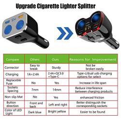 Cigarette Lighter Splitter QC 3.0, 2-Socket USB C Car Charger Adapter Type C Multi Power Outlet 12V/24V 80W DC with LED Voltmeter Switch Dual USB Port for iPhone GPS Dashcam iPad Android Samsung